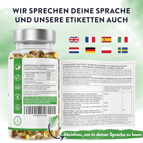 Foto von Omega 3 Vegan Hochdosiert 1500mg | Omega3 750mg DHA 300mg EPA pro Tag - 90 Omega 3 Algenöl Kapseln Hochdosiert Vegan