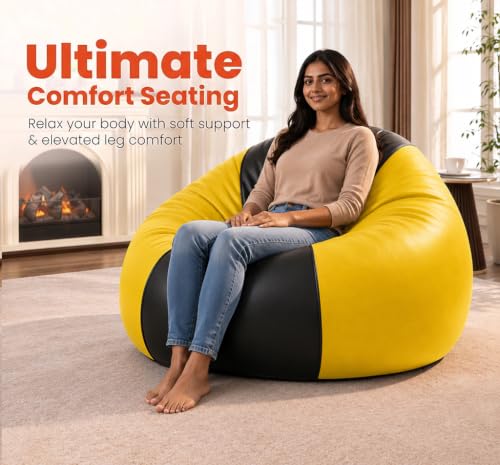 Image of Sattva Classic 4XL Sofa Style Bean Bag Chair with Beans Filled | Faux Leather Teardrop Bin Bags for Adults | Beanbags with Beans Filling | Pre-Filled Beans Bag for Home & Office (Black & Yellow)
