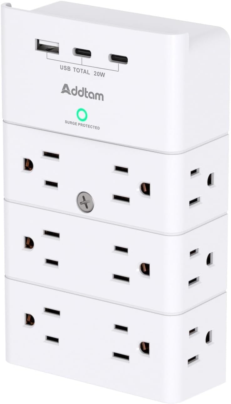 Multi Plug Outlet, Addtam Surge Protector Wall Mount with 12 Outlet Extender 3 Sides and 3 USB Ports (PD 20W), Outlet Splitter Power Strip for Home, Office, Hotel, White