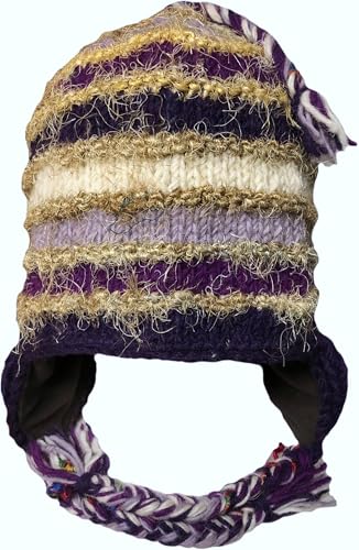 Nepal Hand Knit Sherpa Hat with Ear Flaps, Trapper Ski Heavy Wool Fleeced Lined Cap (Plum Diamonds)