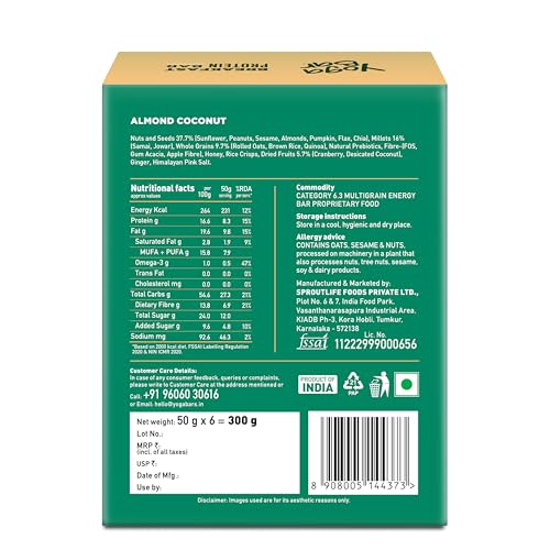 Image of Yogabar Breakfast Protein-Bar Almond Coconut - Wholegrain Low Fat Snacks with Millets and Oats, High in Protein (8g) and Fibre, Gluten Free Granola Bar with Chia and Flax Seeds (6 Bars)