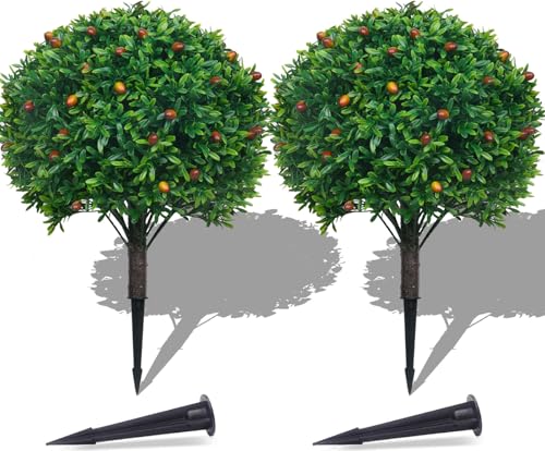 PATIO CHOICE Topiary Trees Artificial Outdoor Boxwood Ball Trees with Ground Spike Set of 2 22' Fake...