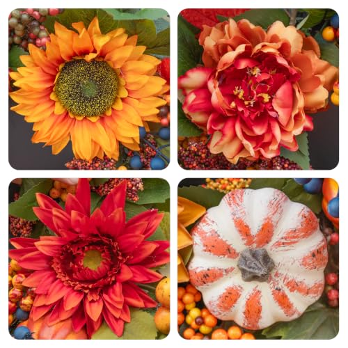 Image of 24 Inch Harvest Fall Wreaths for Front Door Outside with Sunflowers | Artificial Autumn Wreath with Pumpkins Berries Maple Leaves - Fall Door Wreath for Porch Entryway Thanksgiving Decor