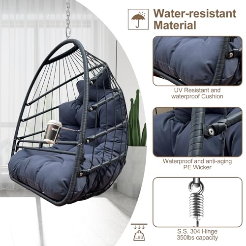 Egg Chair Without Stand, Hanging Chair Swing Hammock Basket with Cup Holder and Cushion, Swing Egg Chairs Indoor Outdoor for Patio, Bedroom, Porch, Garden, 350LBS Capacity, Wicker in Black - Thumbnail 5