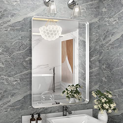 Loaao 22X30 Inch Silver Bathroom Mirror, Rounded Rectangle Silver Metal Frame Mirror, Brushed Nickel, Anti-Rust, Hangs Horizontally Or Vertically #TOP12