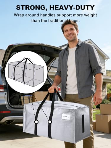 Image of HOMESURE Supports 200lbs Heavy Duty Moving Bags - Strong Zipper & Wrap-Around Handles - Water-Resistant Storage Totes, Durable Alternative to Moving Boxes - 8 Pack - Silver