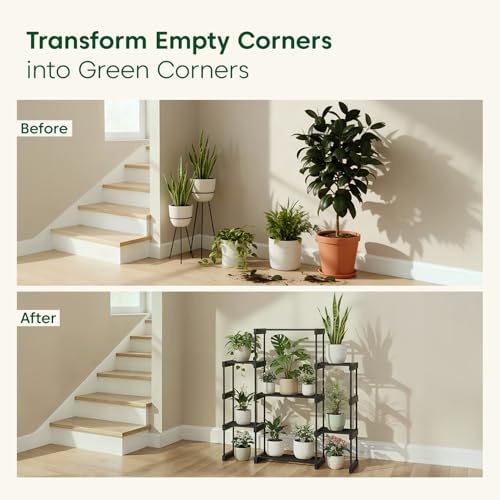 Image of KYARI 7 Tier Metal Plant Stand - Heavy Duty Black Powder Coated Vertical Plant Rack | Rust-Proof Multi Layer Flower Pot Stand for Balcony, Living Room & Outdoor Use (DIY Assembly Required)