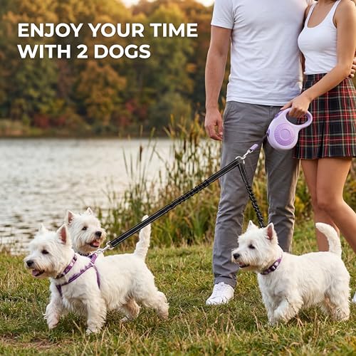 Double Dog Leash for Walking 2 Small Dogs (Up to 33 Lbs Each), Dual Retractable 9.8ft Extendable Strong Nylon Tape Pet Leash with Poop Bags, One-Handed Brake, Pause, Lock (Purple) by FEGCZP - Used condition - Image 7