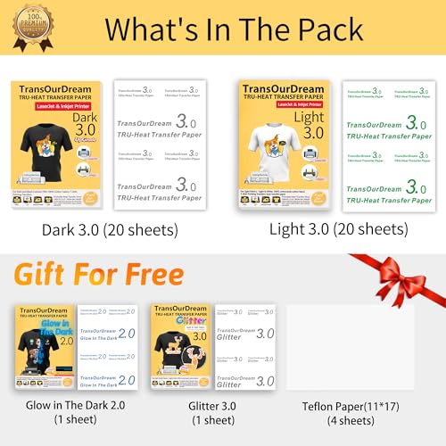image for TransOurDream Tru-Heat Transfer Paper for T Shirts (20+20+2 Sheets, 8.