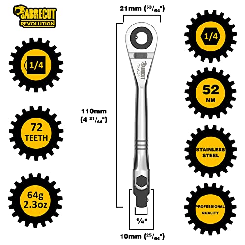 1 X Sabrecut Mrsc04 Mini Micro Ratchet 1/4" (6.3Mm) Hex Adjustable 1/4" Square Drive Stainless Steel Professional 72 Tooth Gear Hand Ratchet Wrench #TOP1