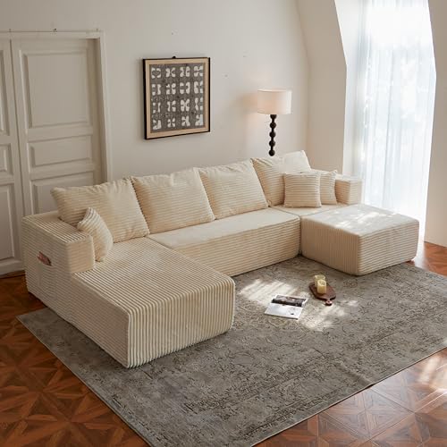 Image of 133 inch Modular Sectional Sleeper Sofa, Modern Cloud Sectional Sofa Couch with Ottoman and Storage, U Shape Boneless Couches for Living Room, Free Combination, No Assembly Required,Beige