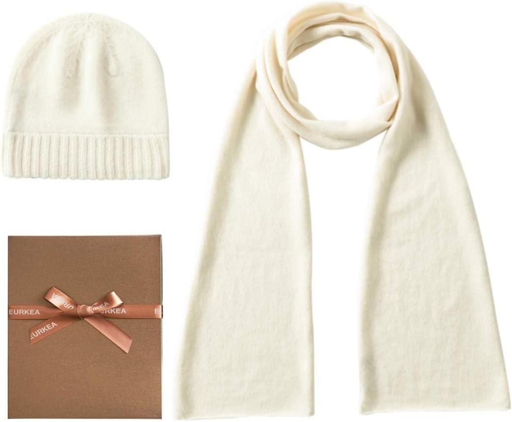 EURKEA Women’s 100% Pure Cashmere Scarf, Gloves, Beanie Hat Gift Box Set