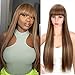Kalyss 28 inches Women's Silky Long Straight Brown Wig with Blonde Highlights Heat Resistant Yaki Synthetic Wig With Bangs Hair Wig for Women