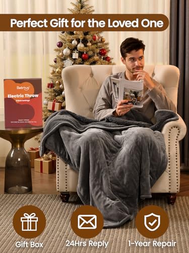 Image of Bearhug Electric Blanket Throw Size, 50 inch x 60 inch Heated Blanket with 6 Heating Levels & 4H Auto Shut-Off, Machine Washable Soft Velvet to Sherpa Reversible Heated Throw for Office, Couch and Sofa, Gray