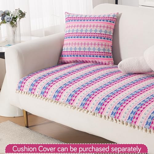 Image of HOKIPO L Shape (2+2 Seater) Sofa Cover Seat Mat | 300 GSM Cotton Acrylic Jacquard Fabric with Tassel, 'Trivana Series' Periwinkle Blue (IN-934+935-J5)