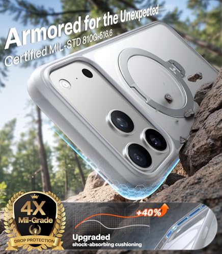 Image of TORRAS Q3 Spin for iPhone 17 Pro Case, 360 Magnetic Stand, Silver | Compatible with MagSafe, Built-in Kickstand, Camera Control, 4X Military-Grade Shockproof Translucent Phone Case for 17 Pro