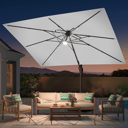 Image of 9' X 12' Patio Umbrella with LED Lights Outdoor Cantilever Large Rectangle Offset Umbrellas Heavy Duty Aluminum Double Top with 360-degree Rotation for Pool Garden Deck, Fog Grey