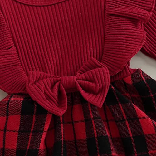 Christmas Infant Baby Girls Romper Dress Plaid Ruffles Long Sleeve Bowknot Skirt Hem Jumpsuits Headband (Red-Plaid, 0-6 Months) #TOP5
