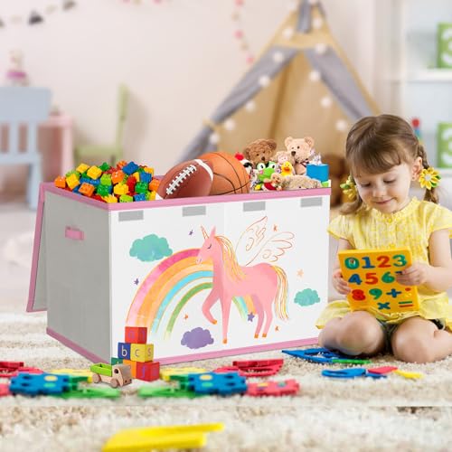 VERONLY Spielzeugkiste Aufbewahrungsbox mit Deckel Kinderzimmer- 83L Faltbar Groß Spielzeug Aufbewahrung Kinder karton mit Griffen für Mädchen Kinderzimmer Bücher Schlafzimme(Beige&Rosa)
