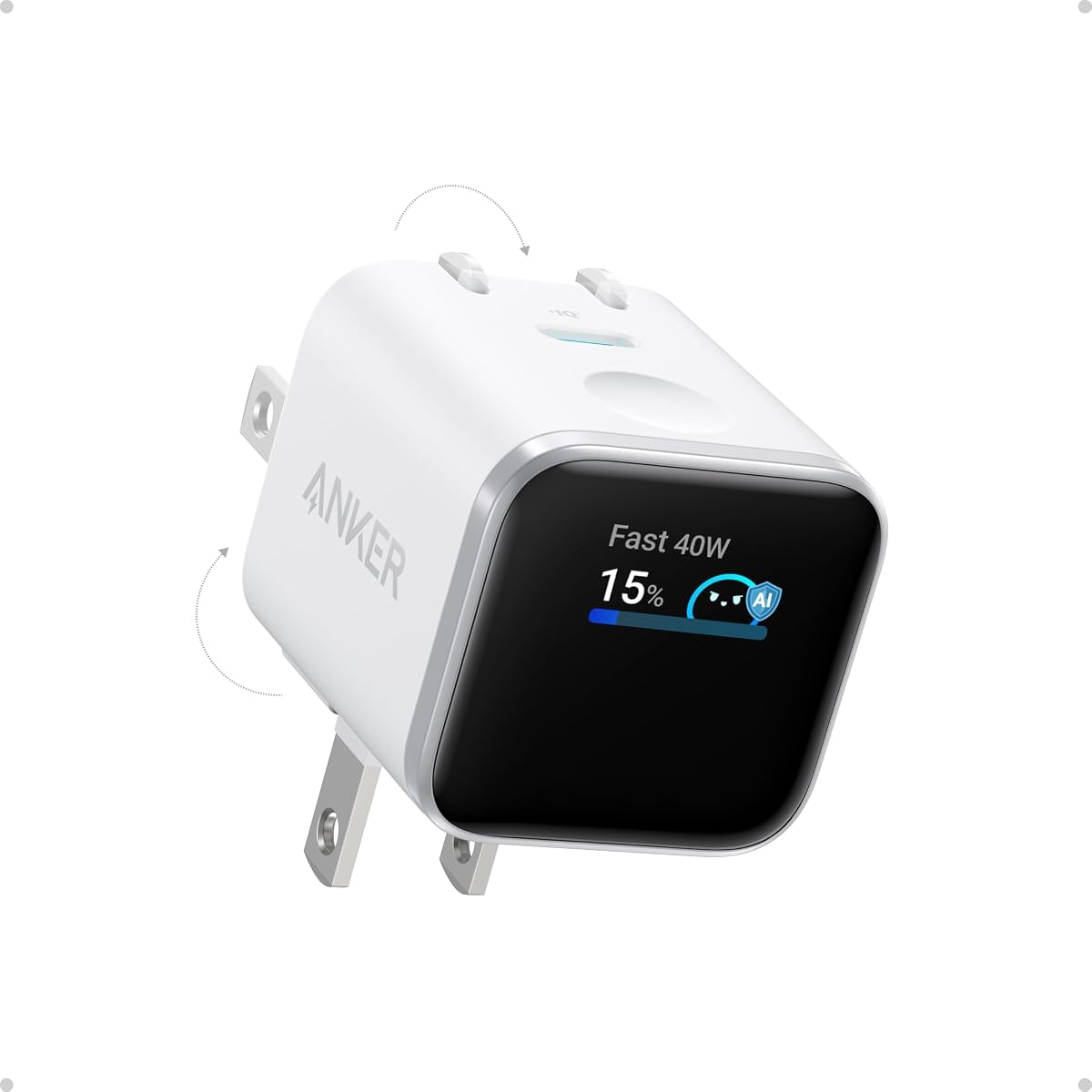 Cargador de pantalla nano inteligente, cargador rápido USB C máximo de 45 W para iPhone 17 | Enchufe plegable de 180°, reconocimiento inteligente, modo de cuidado, bloque de cargador GaN USB C para iPhone 17/16 (sin batería, 1 puerto USB-C, sin cable)