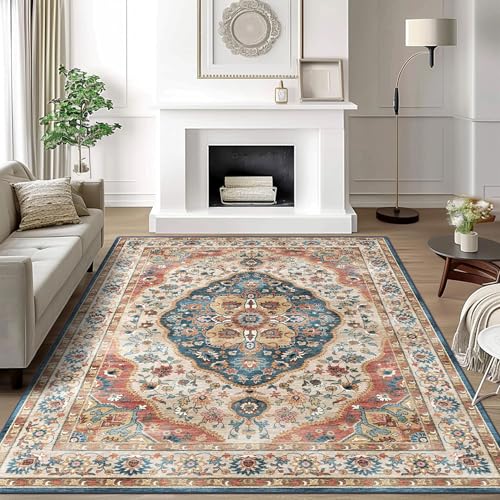 vivorug 5x7 Area Rugs - Ultra-Thin Washable Rug with Non-Slip Backing, Ideal for Living Room, Bedroom, Kitchen Floor Carpet - Vintage Style, Easy Clean, Durable, Low Pile Rug Beige