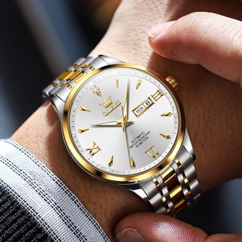 Image of OLEVS Automatic Watches for Men Self Winding Mechanical Wristwatch Luxury Business Dress Stainless Steel Luminous Waterproof Calendar Mens Watch