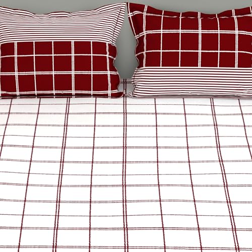 Image of bedsheet for Double Bed, 152TC, 100% Cotton | Double Size Bedsheet with 2 Pillow Covers, Maroon & White, Stripes (Bedsheet : 225 X 250cm & Pillow : 46 X 69cm) Perfect for Festive Gifting