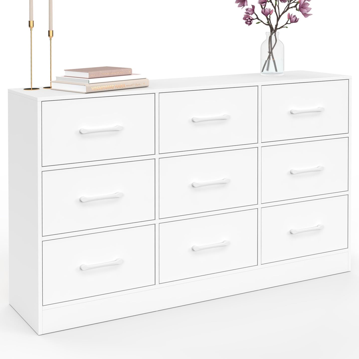 IDMarket UPPAH - Cajonera 9 cajones de tela (113 cm, mueble de almacenamiento de madera, color blanco
