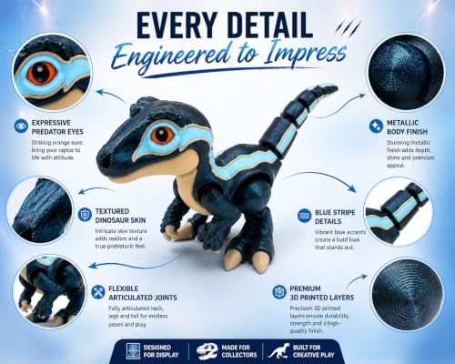 Image of PST Articulated Baby Velociraptor Dinosaur Toy | 3D Printed Poseable Raptor Figure | Flexible Collectible Desk Toy | Dinosaur Gift for Kids, Teens & Adults