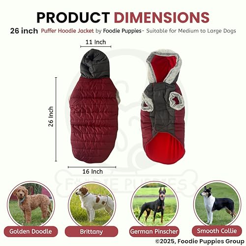 Image of Foodie Puppies Dog Puffer Hoodie Warm Winter Jacket - (Maroon Grey, 26 Inch) for Medium to Large Dogs | Ultra Warm Waterproof & Windproof Fur Coat | Washable Pet Vest Apparel for Cold Weather