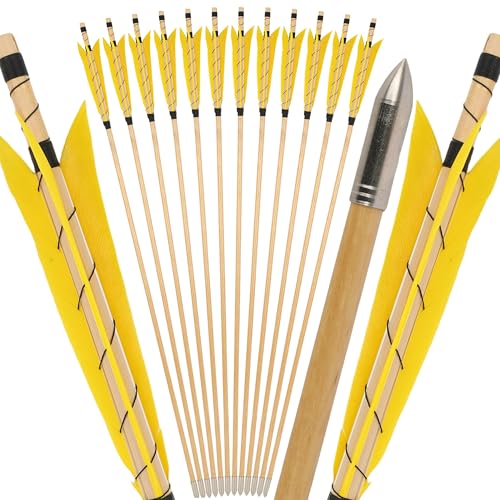 limaity Flechas de Madera para Tiro con Arco de 32 Pulgadas. Flechas Tradicionales de Caza con Plumas Naturales de 5 Pulgadas. para Arcos recurvos y Largos (6 Unidades,3 Amarillos