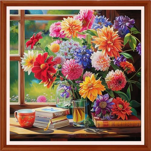 Image of Hopeart Stamped Cross Stitch Kits for Beginner Embroidery Kits for Beginners Adults DIY 11CT Cross Stitch Patterns Needlepoint Kits Crossstitching Kits-Colorful Flowers on the windowsill 18x18 inchs