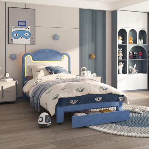 Garvee Twin Size Upholstered Bed Frame with LED Lights & Storage Drawers, Fabric Headboard & Wood Slats, No Box Spring Needed, Princess Bed for Girls