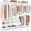 Aheaplus Wood Clothes Rack Wardrobe Closet for Hanging Clothes Heavy Duty Garment Rack Large Corner L Shaped Closet System Organizers Walk in Closet for Bedroom with 3 Wood Drawers Pure White