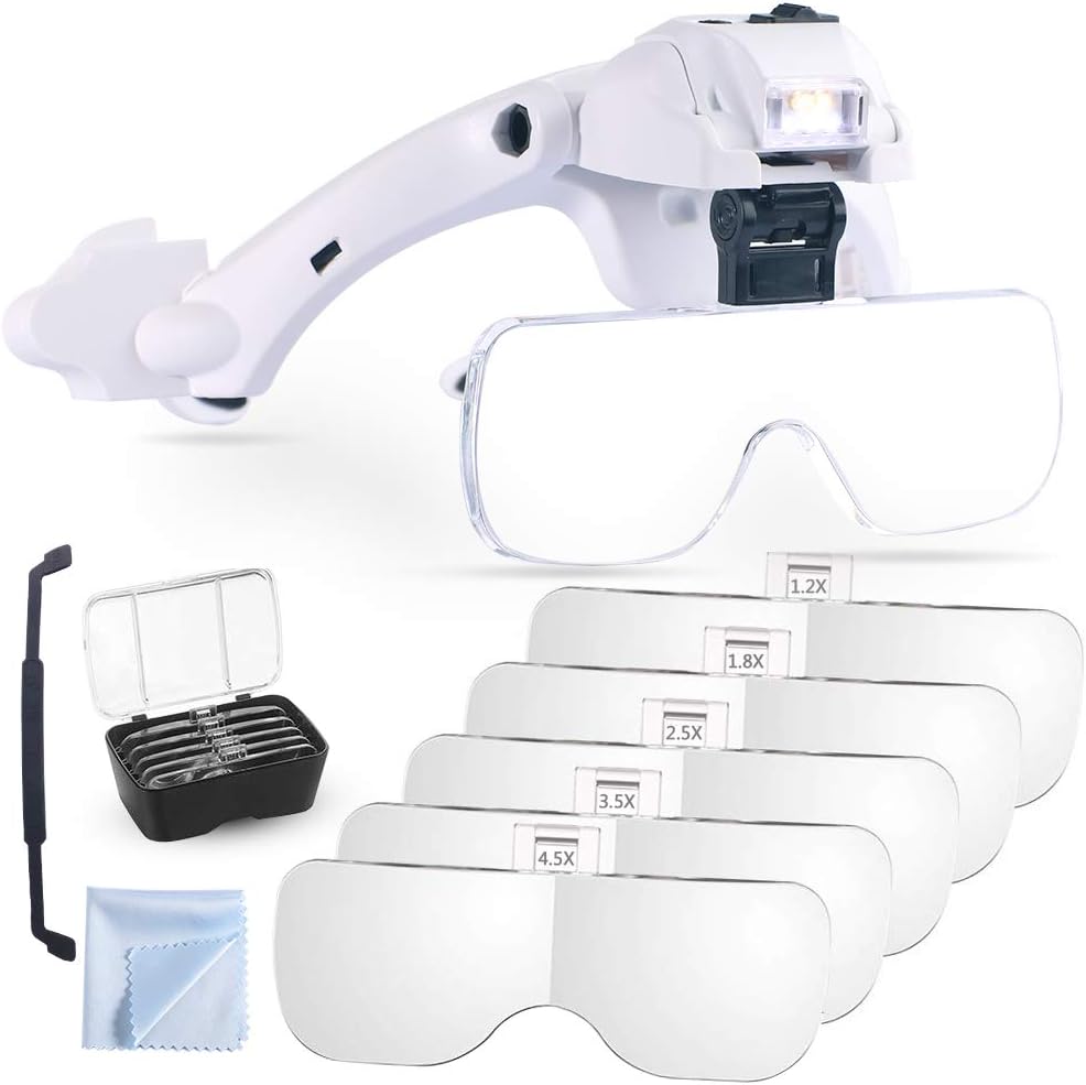 Uр Tо 40% оƒƒ Headband Hands Free Magnifying Glass, 5 Lenses 1.2X 1.8X 2.5X 3.5X 4.5X Head Magnifier with LED Jewelry Craft Watch Hobby (Powerful Upgraded Version)