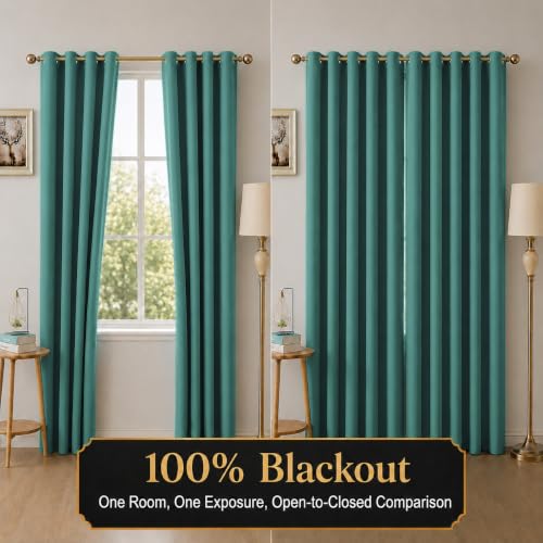 Image of Cloth Fusion 100% Blackout Window Curtains 5 Feet Long Set of 2 | Arcticteal, Room Darkening, Black Woven Back, 4 inch Weighted Hem, Thermal Insulated, Stainless Steel Grommets