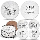 Coasters for Drinks Absorbents with Holder - 6 Pcs Gift Set with 6 Funny Sayings for Wine Lovers - Ceramic Stone with Corked Back, Unique Present for Housewarming, Living Room Decor