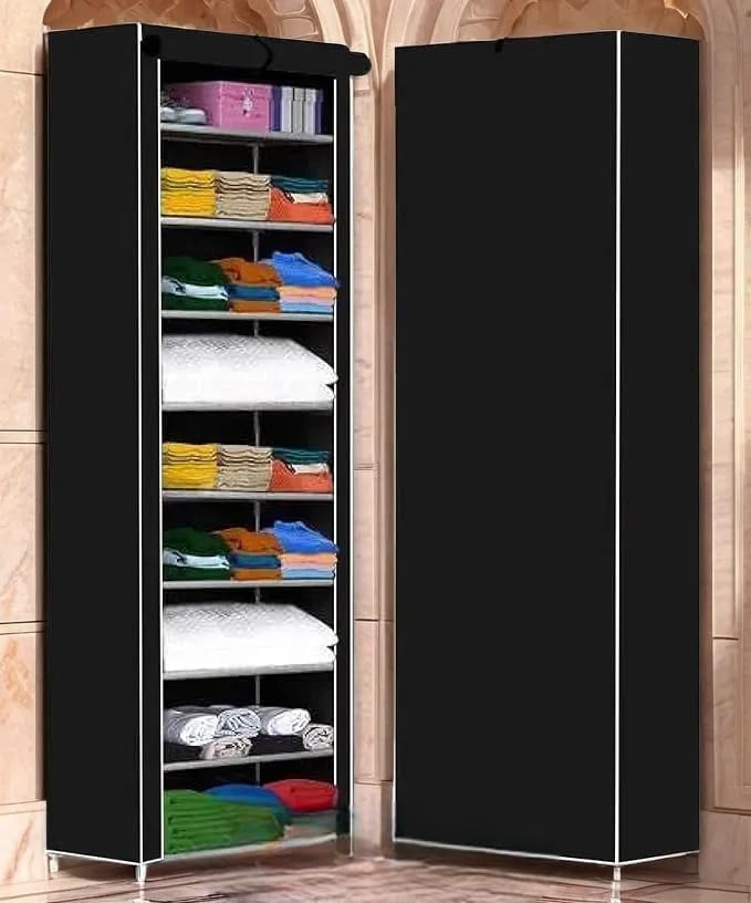 Image of AWTATOS Multipurpose Collapsible Wardrobe Cabinet | Foldable Fabric Organizer with 6-9 Shelves | Portable Clothes Storage Rack for Bedroom, Home & Office (Black, 9 Layer)