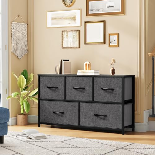 DWVO 5 Dresser for Bedroom, Fabric 5 Drawers, Chest of Drawers for Closet, Black Dresser & Chest of Drawers