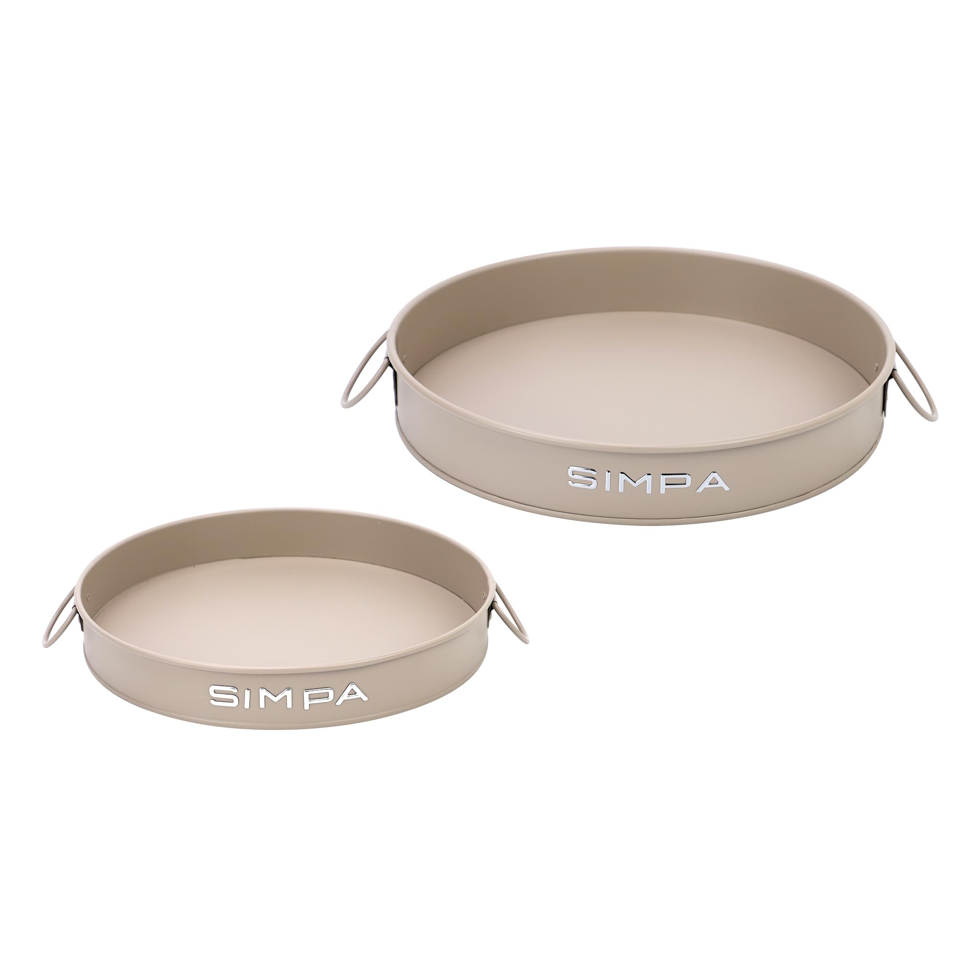 simpa Round 2PC Metal Colour Serving Trays Set with Handles, 30cm & 25cm Diameter Trays - Matt Mushroom