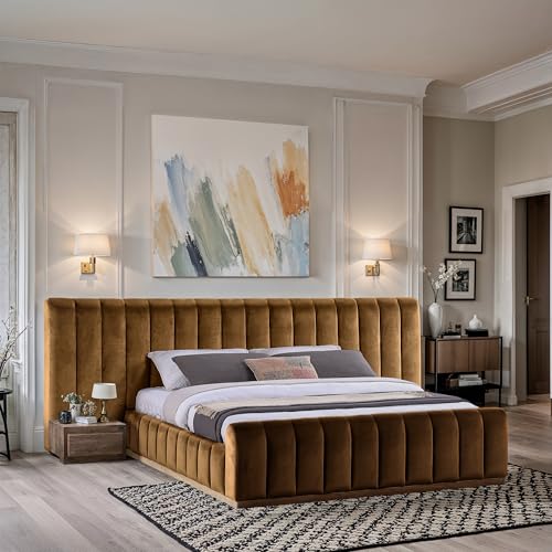 Image of Meridian Furniture AmaraSaddle-K133 Collection Modern | Contemporary King Bed, Ultra Luxe Saddle 460 GSM Velvet, Natural Finish, Solid Wood Base and Inner Frame, 133 inch W x 99 inch D x 51 inch H, Saddle, King