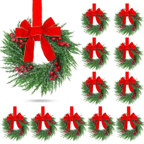 Image of YoleShy 12 Pcs Small Christmas Wreath 12 inch Mini Wreaths for Cabinets, Small Wreath with Berry & Red Velvet Bow Ribbon, Window Wreaths Christmas Cabinet Wreaths for Kitchen Front Door Chair Wall