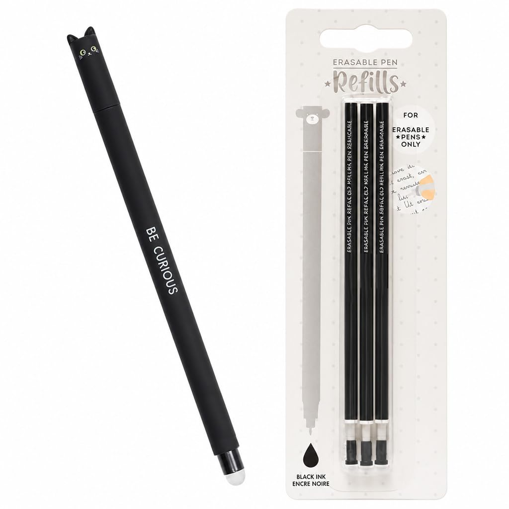 GETINSTYLE SHOP Bundle – Cat Erasable Gel Pen Black Ink & 3 Refills Black
