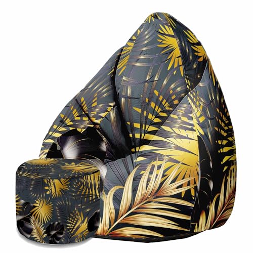 DreamRoots Sitzsack Erwachsene mit Füllung 80x80x120cm - Bean Bag Chair - Sitzsäcke mit Lehne und Hocker und Bezug - Sitzsack Sessel - Chill Sessel Velvet Leaves Gold
