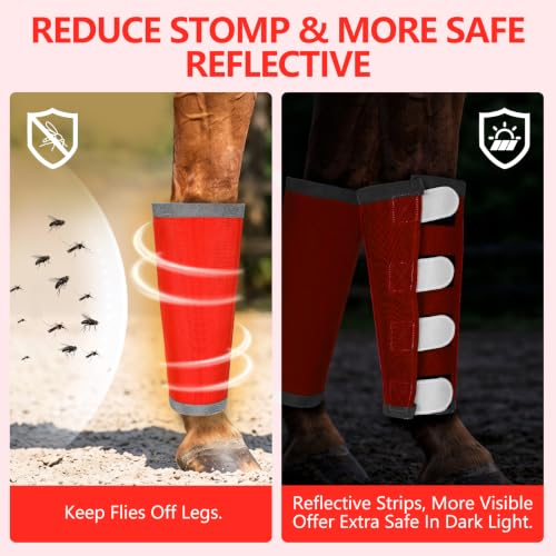 Image of Fly Boots for Horses Set of 4 with Reflective Vercros, Loose Fitting Mesh Horse Fly Boots Leggings, Adjustable Equine Leg Wraps & Socks, Stay Up Not Sag, No Rub