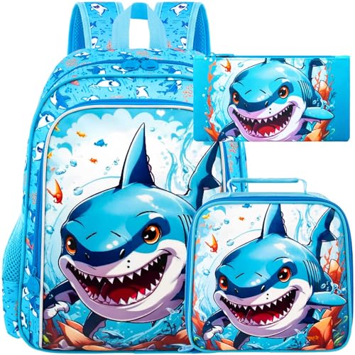 Image of CCJPX 3PCS Shark Backpack for Boys, 16 Inch Kids Water Resistant Preschool Bookbags, Cool Kindergarten School Backpacks and Lunch Box