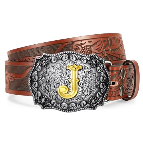 Western Cowboy Leather Belt Men Women, Gold Initial Letters ABCJMZ Buckle Embossed Belt for Jeans