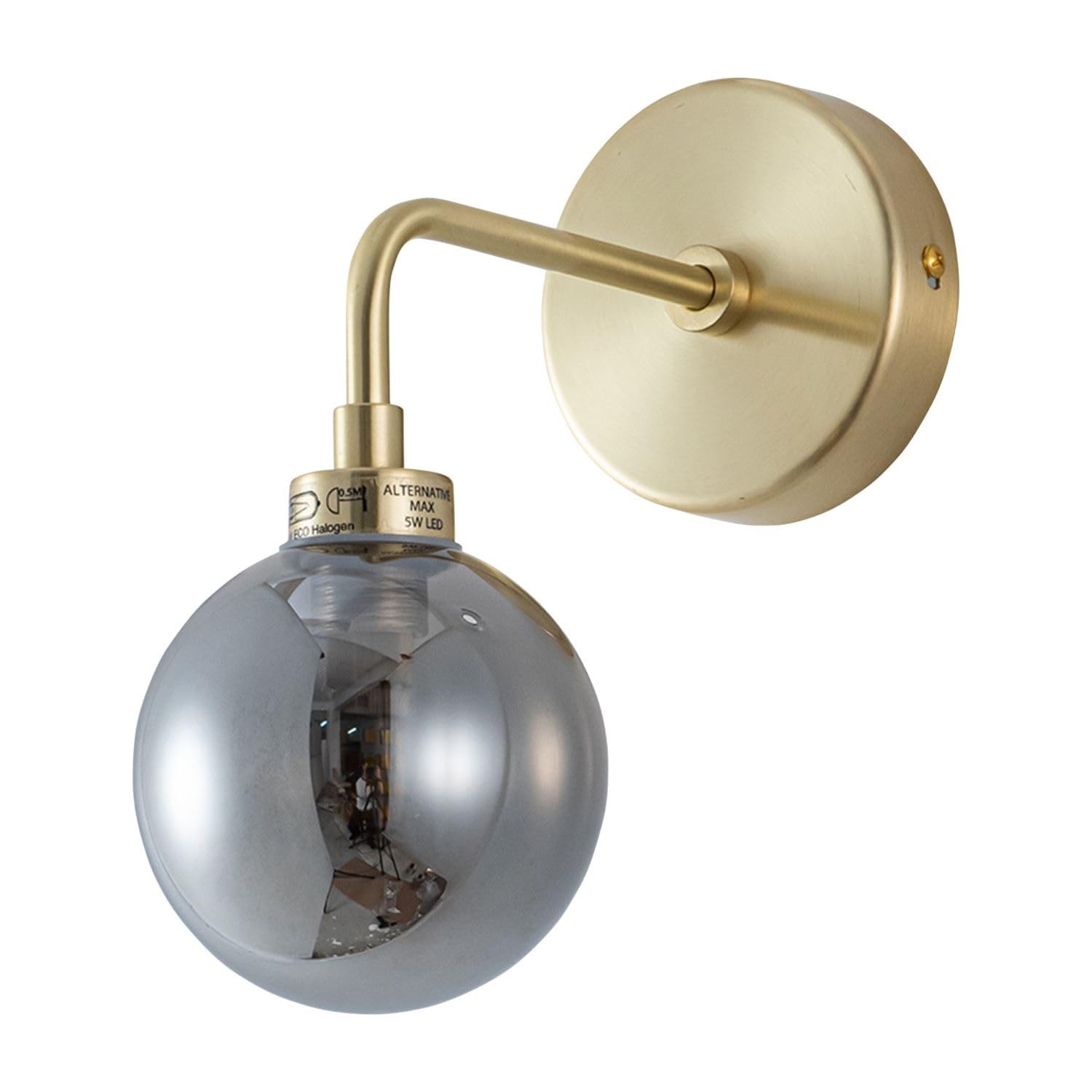 Firstchoicelighting Satin Brass & Smoke Brushed Gold Brass Wall Light Lamp With Smoked Glass Globe Shade, Height 22Cm, Led Compatible
