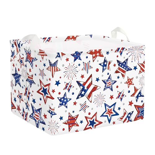 Image of Clastyle Independence Day Patriotic Baby Gift Basket American Flag Firework Kid Book Toy Nursery Bin Collapsible Beach Towel Basket Clothes Organizer, Star, 40 * 30 * 30 cm