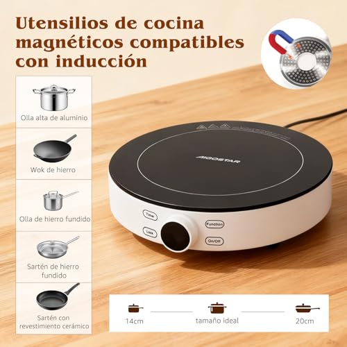 Aigostar Placa de Inducción Portátil 1 Fuego Cookmate, 2000W de Potencia en 9 Niveles, Display Táctil, Temporizador, Bloqueo para niños, Diseño en Cristal de Alta Resistencia, LED-Display, 26 cm - imagen 7